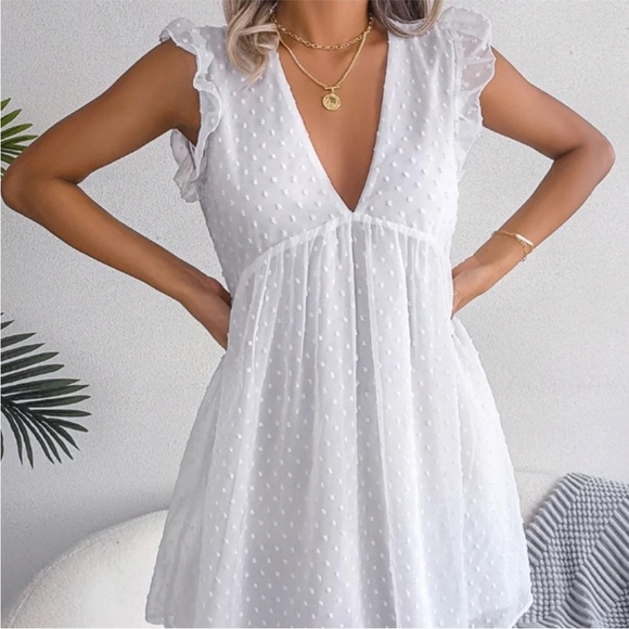 Flutter Sleeve Chiffon V-Neck White Dress Brand New - Picture 10 of 13